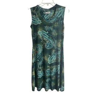 Vintage White Stag Women Small Paisley Sleeveless Green Midi Dress 90 Y2K Retro